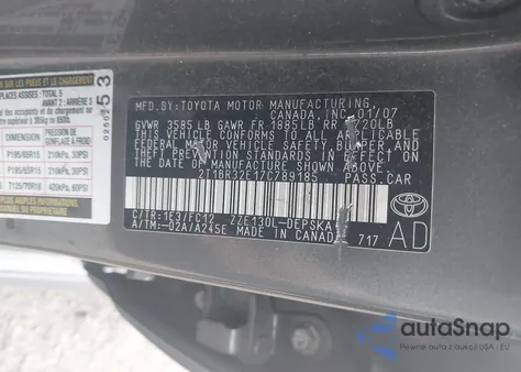 2007 Toyota Corolla S z USA, uszkodzony, nr VIN 2T1BR32E17C789185